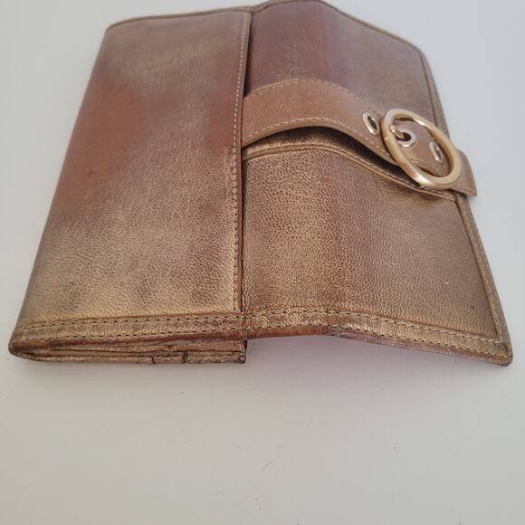 Coach Wallet All Leather Envelope 8x4 Large Buckle Gold Pink Metallic Clutch - Picture 7 of 9